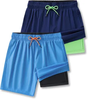 2 Pack: Men's 7" Swim Trunks with Compression Liner, Quick Dry Stretch Swimming Shorts Bathing Suits Swimwear