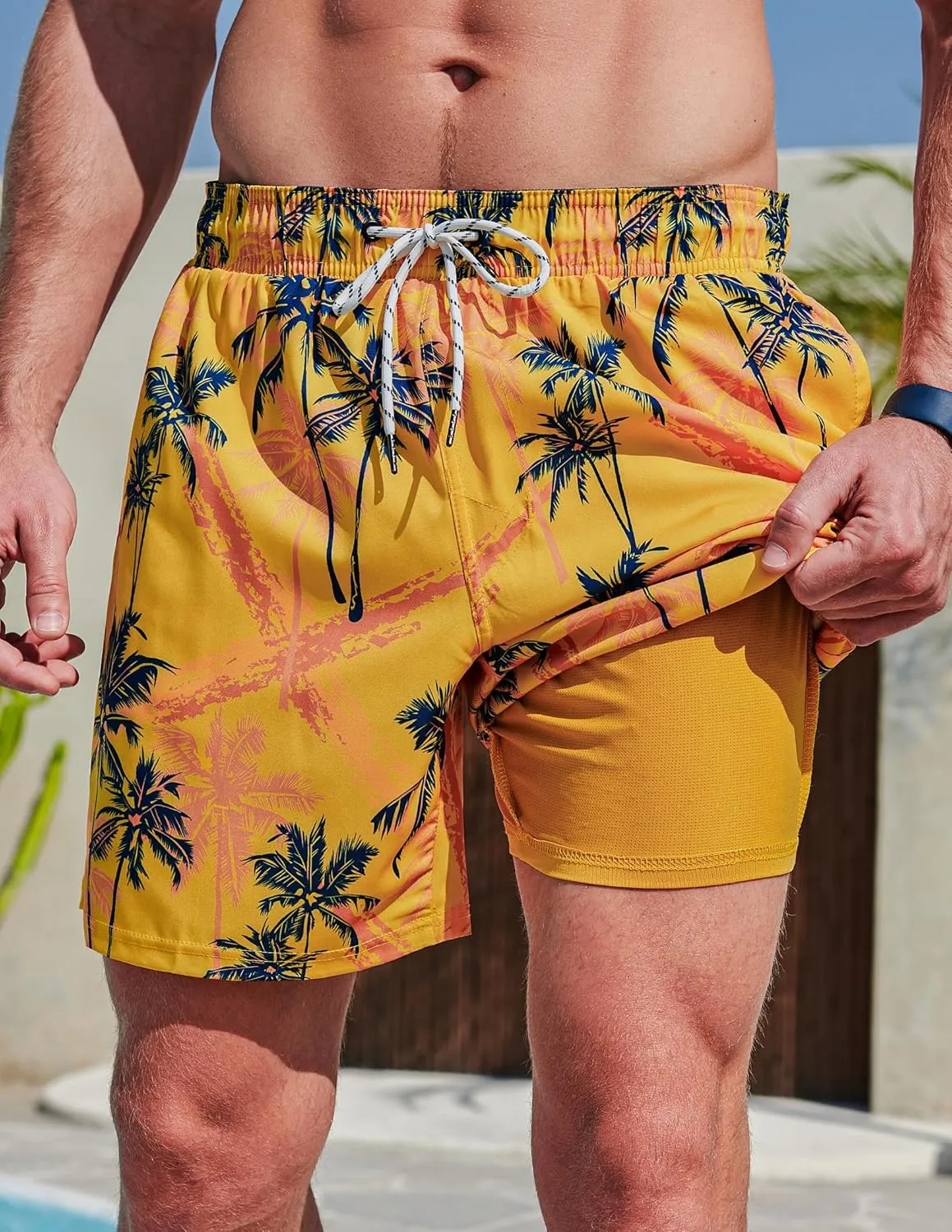 2 Pack: Men's 7" Swim Trunks with Compression Liner, Quick Dry Stretch Swimming Shorts Bathing Suits Swimwear