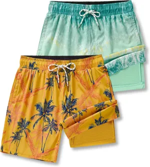 2 Pack: Men's 7" Swim Trunks with Compression Liner, Quick Dry Stretch Swimming Shorts Bathing Suits Swimwear