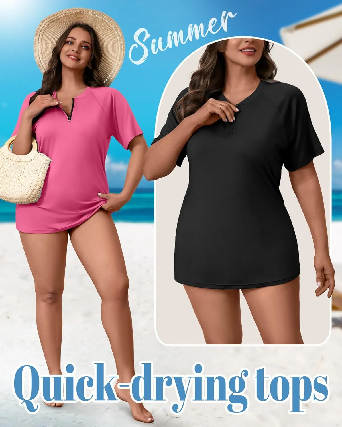 2 Pack Women's Plus Size Quick Dry Rash Guard Half Zip Swimsuit Short Sleeve Swim Shirt Tops Sun Protection