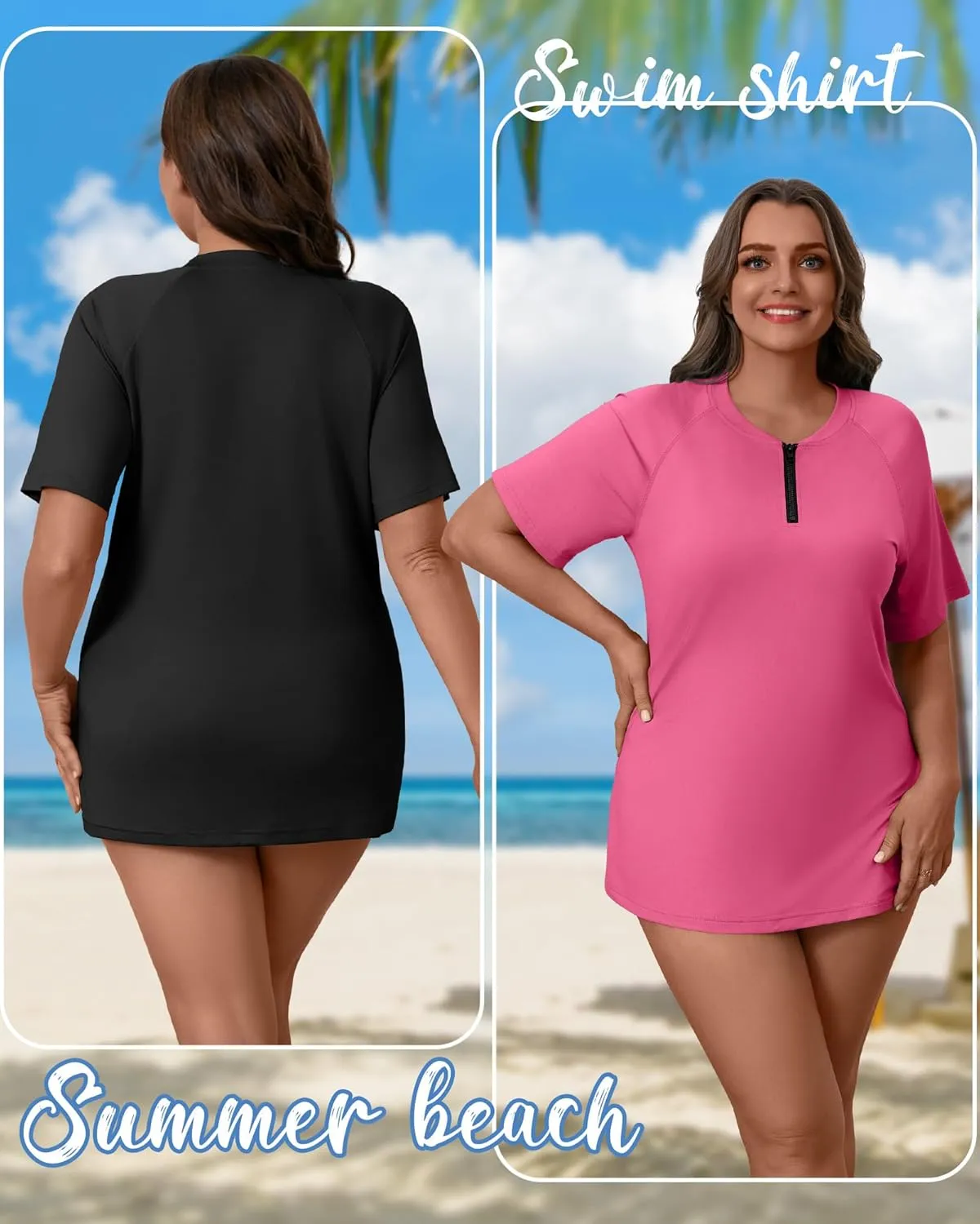 2 Pack Women's Plus Size Quick Dry Rash Guard Half Zip Swimsuit Short Sleeve Swim Shirt Tops Sun Protection