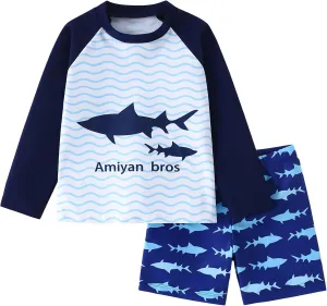 2-Piece Boys Dinosaur&Whale Swimsuit Set Long Sleeve Shirt   Trunks Toddler Swimming Suit Kids Rash Guards Bathing Suits
