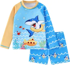2-Piece Boys Dinosaur&Whale Swimsuit Set Long Sleeve Shirt   Trunks Toddler Swimming Suit Kids Rash Guards Bathing Suits