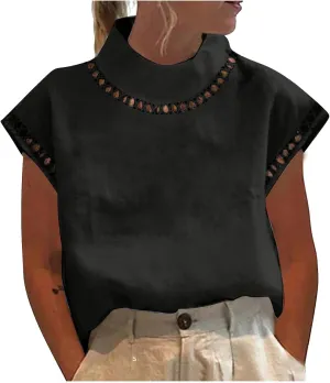 2025 Cotton Linen Tops for Women Summer Casual Cap Sleeve Shirts Loose High Neck Tshirt Teen Girls Dressy Blouses