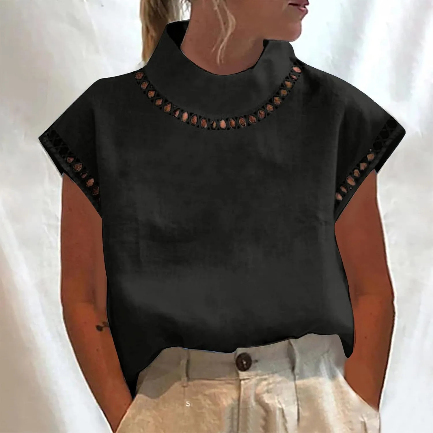 2025 Cotton Linen Tops for Women Summer Casual Cap Sleeve Shirts Loose High Neck Tshirt Teen Girls Dressy Blouses