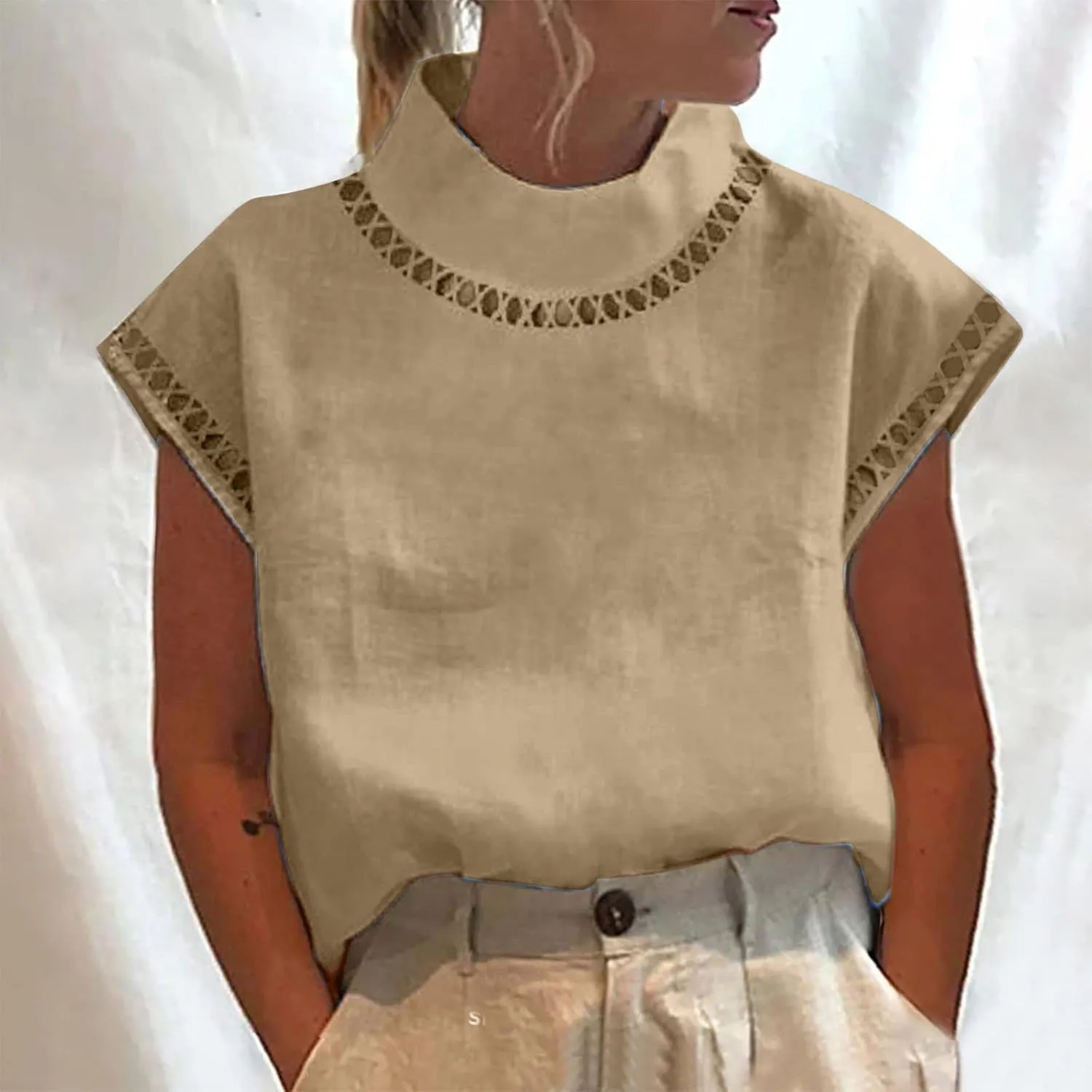 2025 Cotton Linen Tops for Women Summer Casual Cap Sleeve Shirts Loose High Neck Tshirt Teen Girls Dressy Blouses