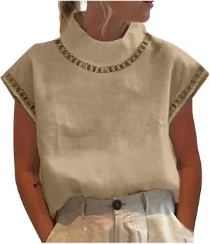 2025 Cotton Linen Tops for Women Summer Casual Cap Sleeve Shirts Loose High Neck Tshirt Teen Girls Dressy Blouses