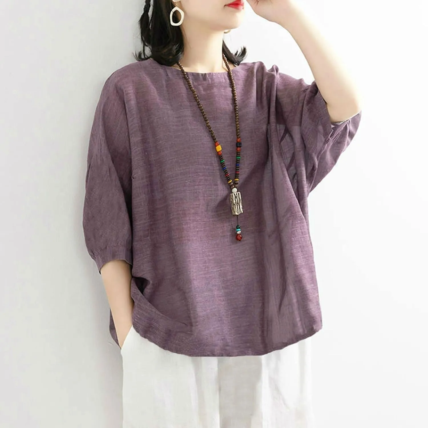 2025 Women Summer Oversize Cotton Linen Tops Trendy Casual Beach Shirts 3/4 Sleeve V Neck Loose Tunic Top Basic Tees