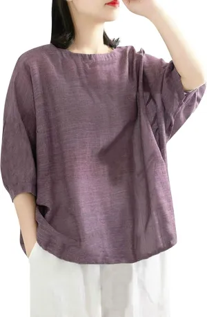 2025 Women Summer Oversize Cotton Linen Tops Trendy Casual Beach Shirts 3/4 Sleeve V Neck Loose Tunic Top Basic Tees