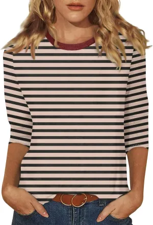 3/4 Length Sleeve Womens Tops Plus Size,Basic Elbow Sleeve Workout Top Striped Shirt Crew Neck 3 Quarter Sleeve Tees