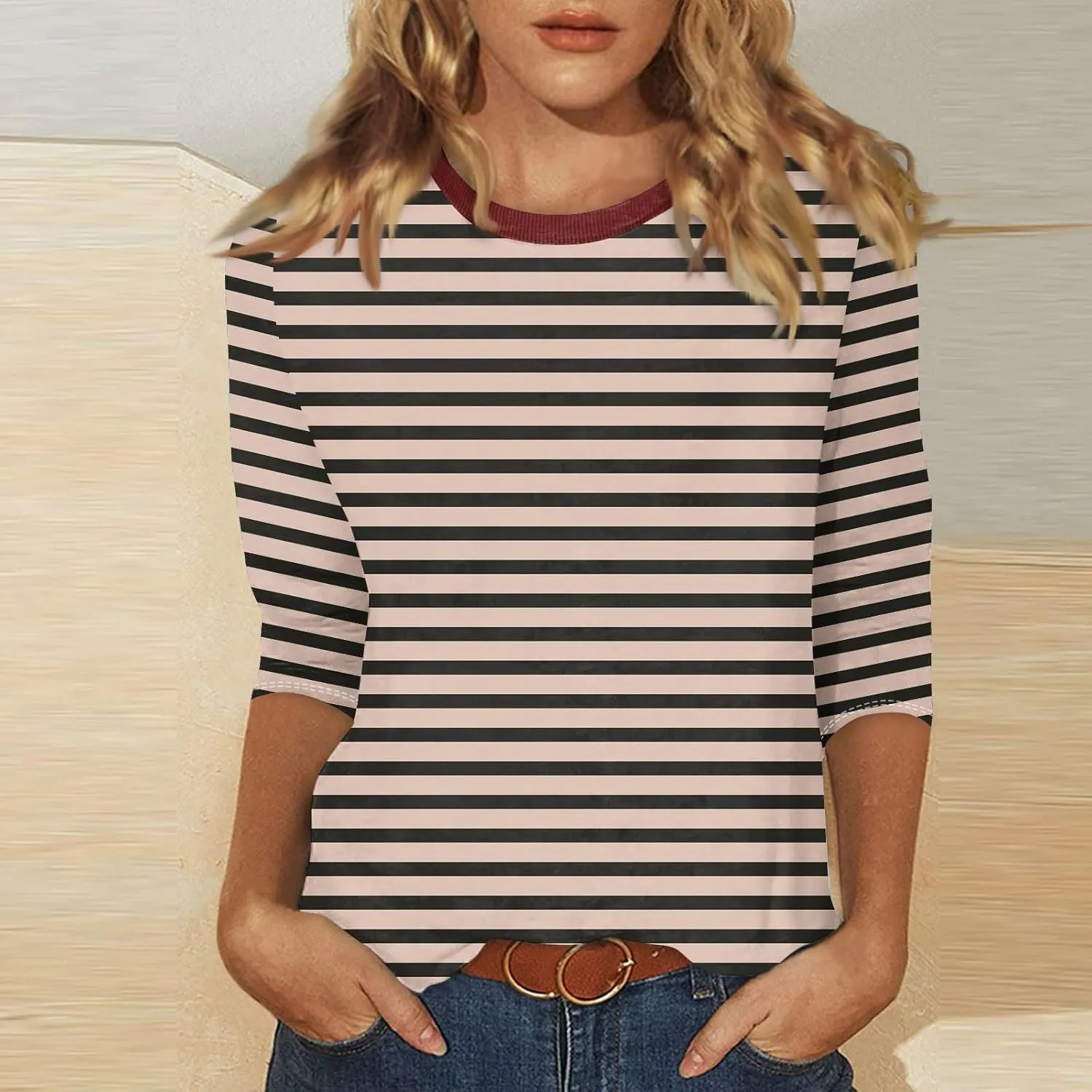 3/4 Length Sleeve Womens Tops Plus Size,Basic Elbow Sleeve Workout Top Striped Shirt Crew Neck 3 Quarter Sleeve Tees
