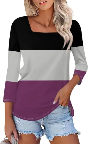3/4 Length Sleeve Womens Tops,Basic Striped Tshirts Shirts Summer 2024 Gym Blouse Plus Size Athletic Tunic Top