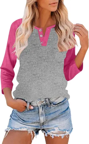 3/4 Length Sleeves Tops for Womens Plus Size Comfy V-Neck Button Color Blocked T-Shirts Loose Casual Tunic Top