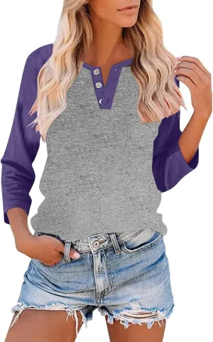 3/4 Length Sleeves Tops for Womens Plus Size Comfy V-Neck Button Color Blocked T-Shirts Loose Casual Tunic Top