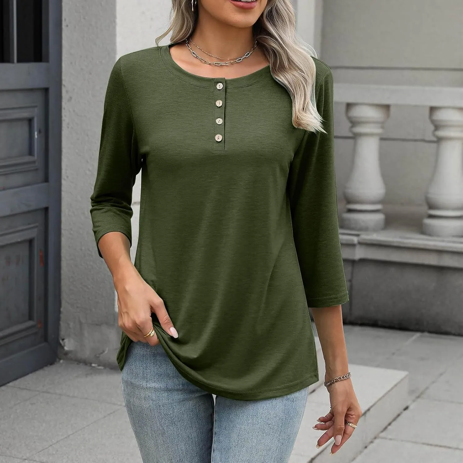 3/4 Sleeves Tops for Womens Solid Color Casual Loose Crewneck Button Tunic Top Comfy Outdoor Active Tee Shirts
