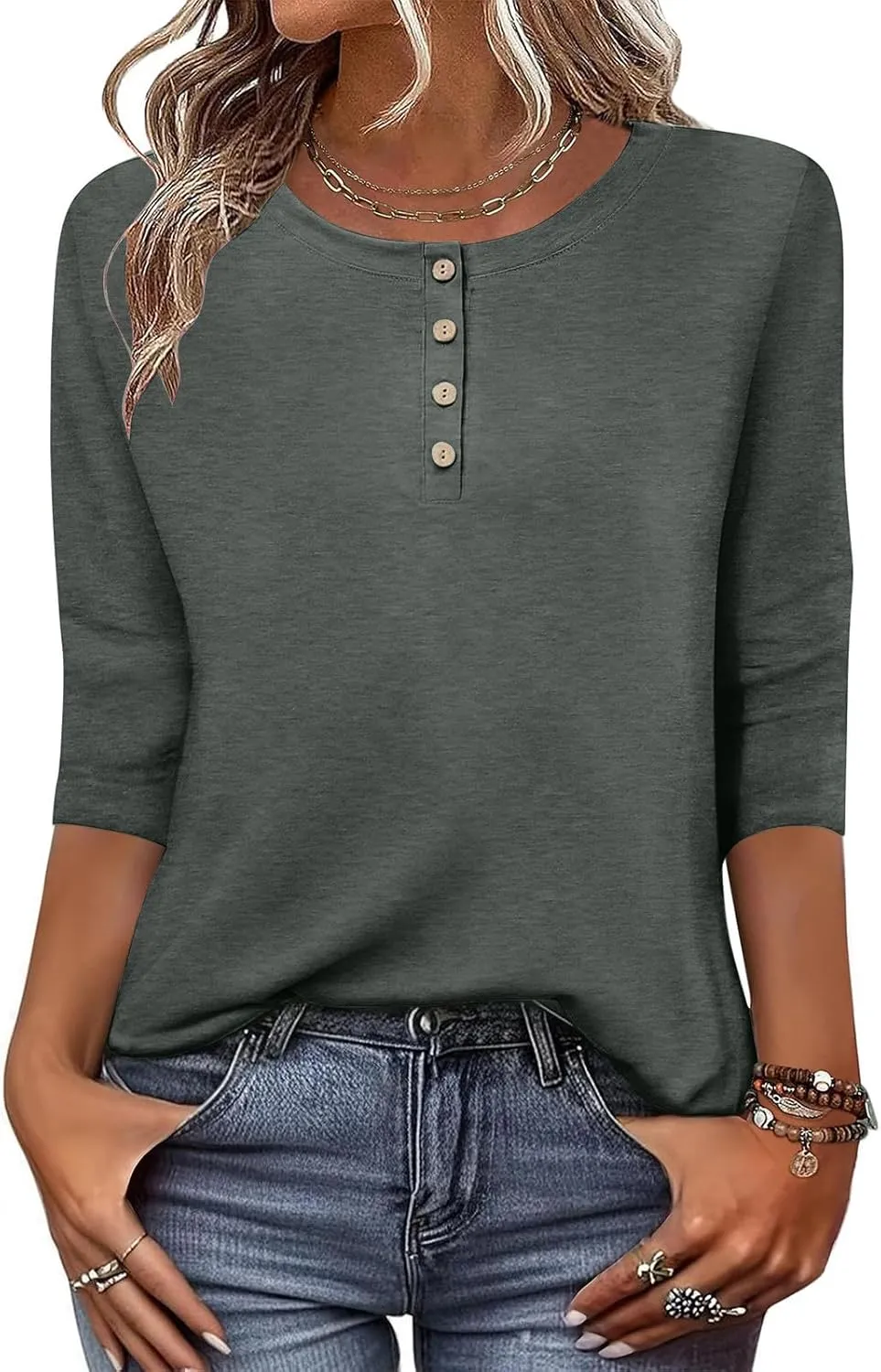 3/4 Sleeves Tops for Womens Solid Color Casual Loose Crewneck Button Tunic Top Comfy Outdoor Active Tee Shirts