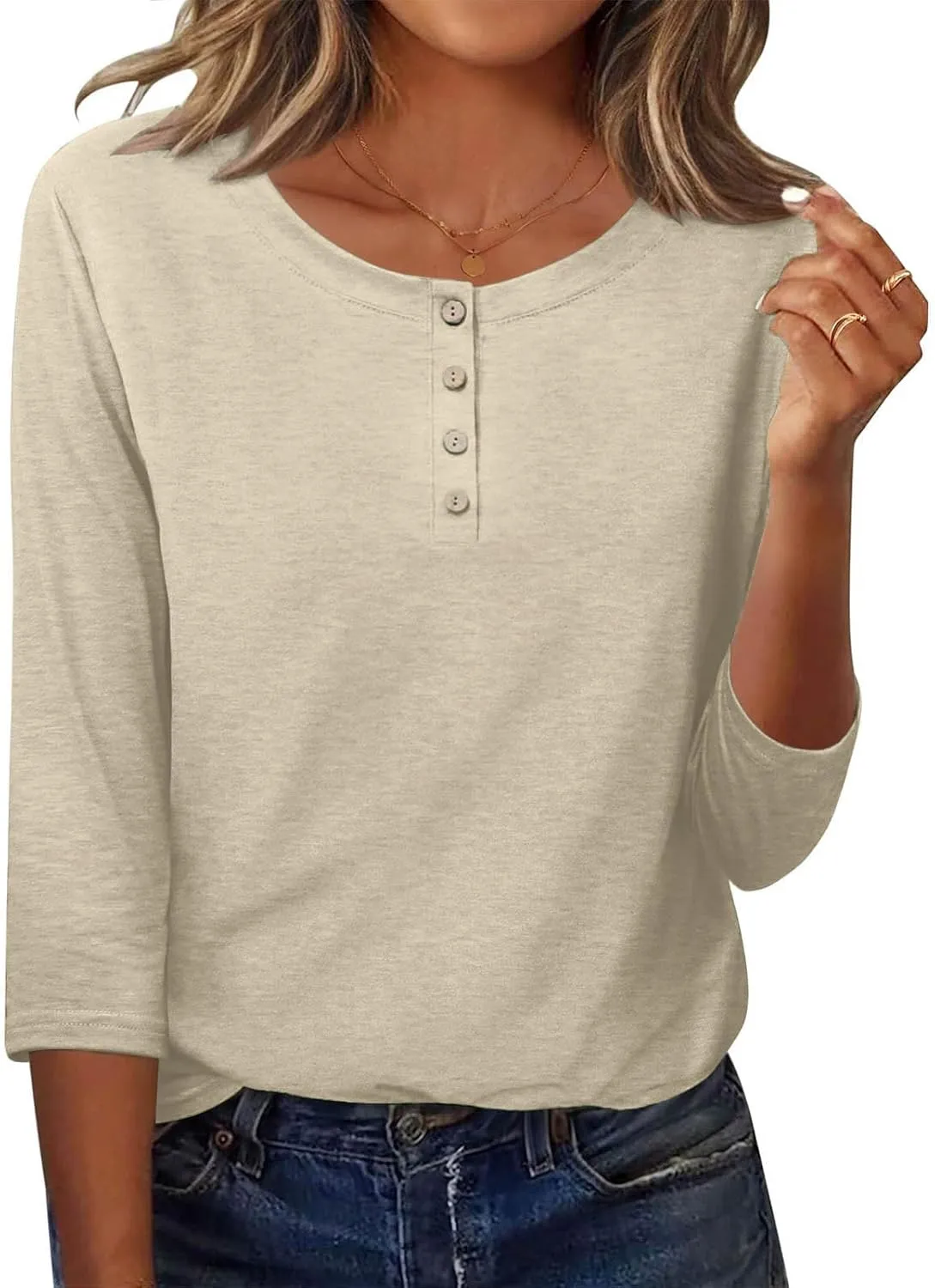 3/4 Sleeves Tops for Womens Solid Color Casual Loose Crewneck Button Tunic Top Comfy Outdoor Active Tee Shirts