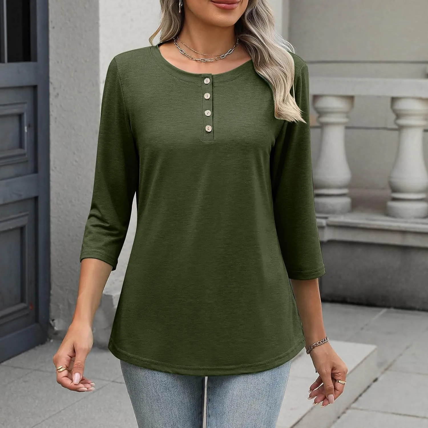 3/4 Sleeves Tops for Womens Solid Color Casual Loose Crewneck Button Tunic Top Comfy Outdoor Active Tee Shirts