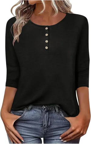 3/4 Sleeves Tops for Womens Solid Color Casual Loose Crewneck Button Tunic Top Comfy Outdoor Active Tee Shirts