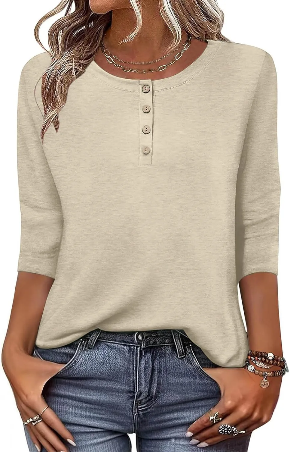 3/4 Sleeves Tops for Womens Solid Color Casual Loose Crewneck Button Tunic Top Comfy Outdoor Active Tee Shirts