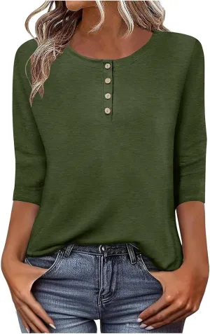3/4 Sleeves Tops for Womens Solid Color Casual Loose Crewneck Button Tunic Top Comfy Outdoor Active Tee Shirts