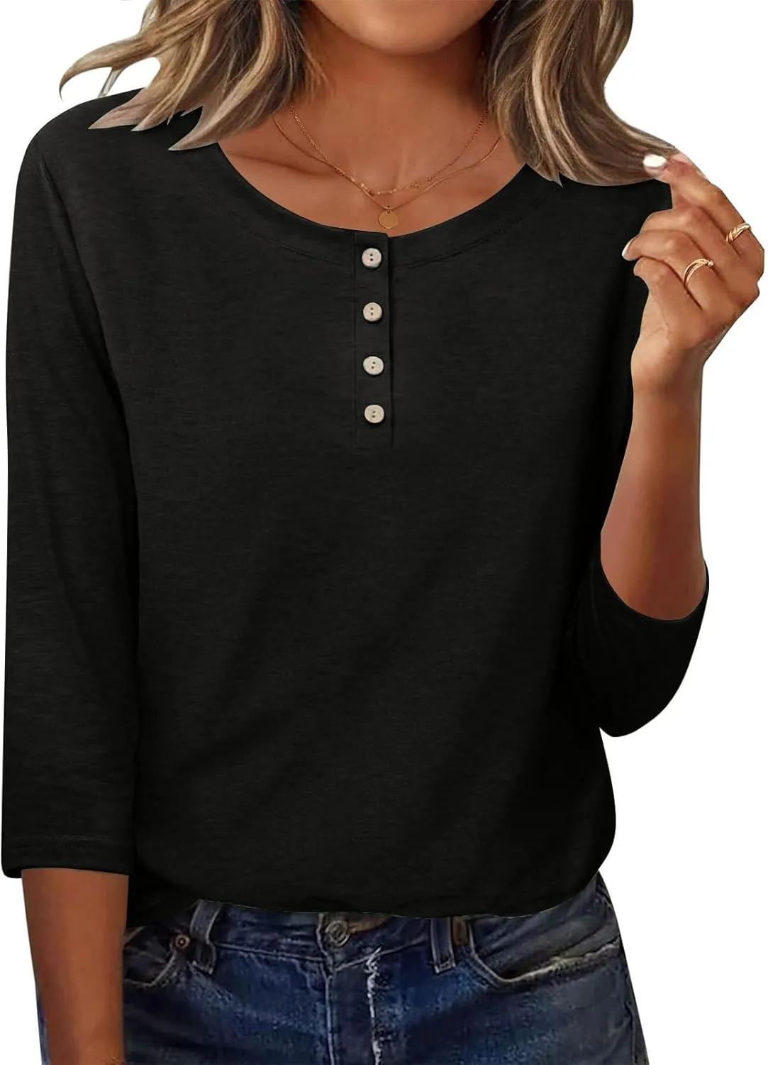 3/4 Sleeves Tops for Womens Solid Color Casual Loose Crewneck Button Tunic Top Comfy Outdoor Active Tee Shirts