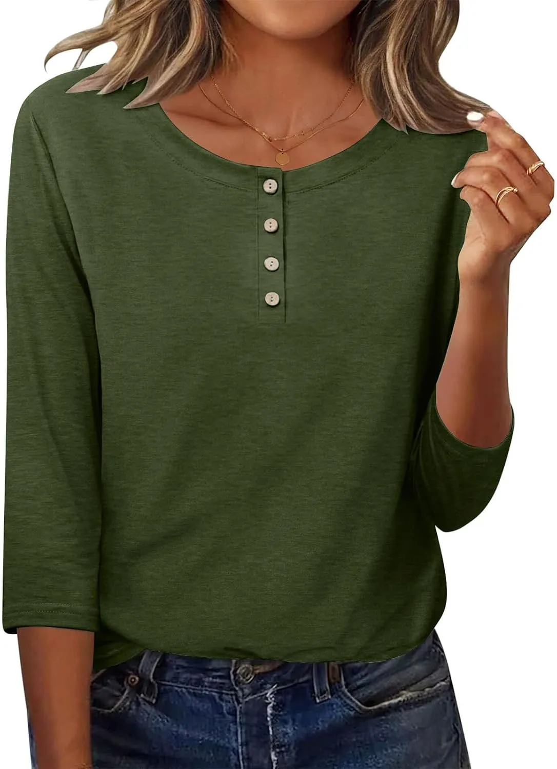 3/4 Sleeves Tops for Womens Solid Color Casual Loose Crewneck Button Tunic Top Comfy Outdoor Active Tee Shirts