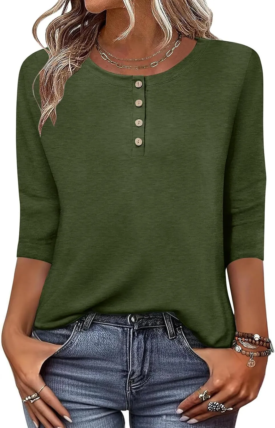 3/4 Sleeves Tops for Womens Solid Color Casual Loose Crewneck Button Tunic Top Comfy Outdoor Active Tee Shirts