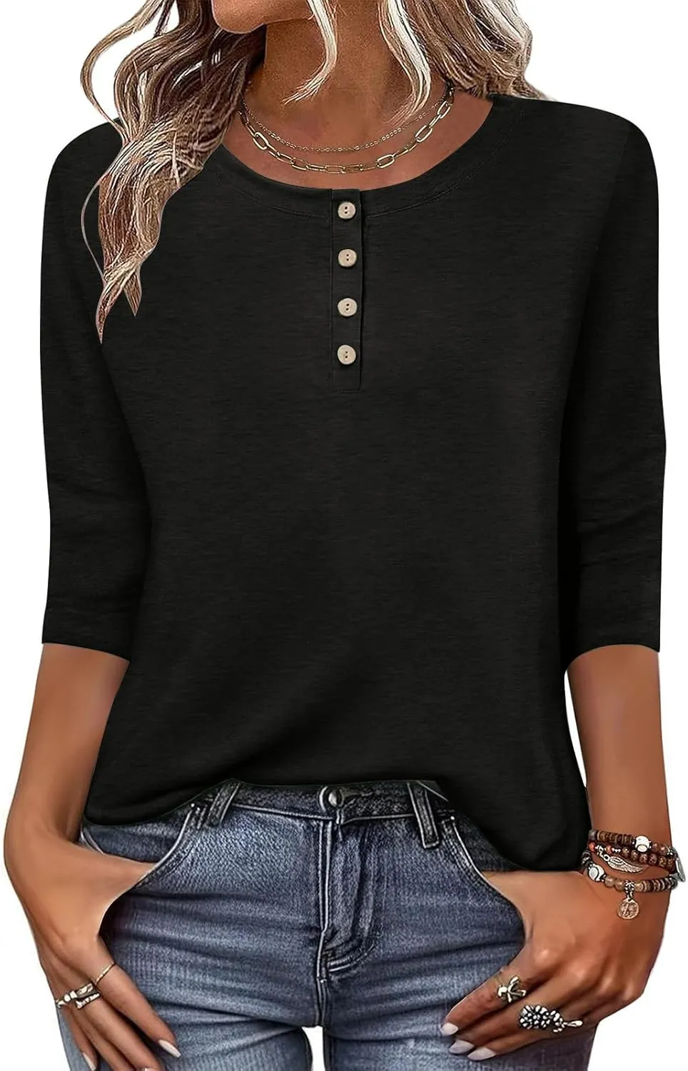 3/4 Sleeves Tops for Womens Solid Color Casual Loose Crewneck Button Tunic Top Comfy Outdoor Active Tee Shirts