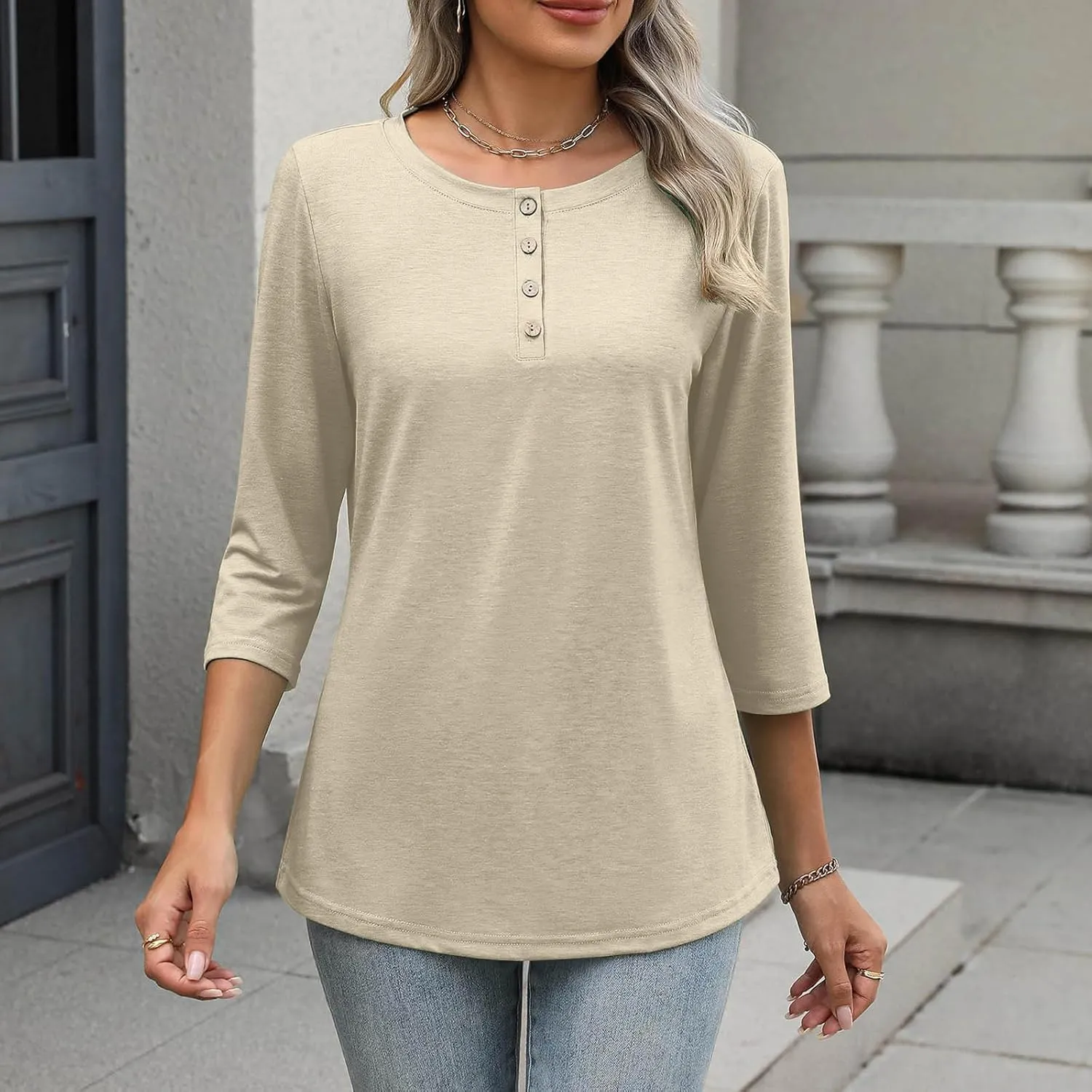 3/4 Sleeves Tops for Womens Solid Color Casual Loose Crewneck Button Tunic Top Comfy Outdoor Active Tee Shirts