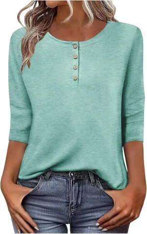 3/4 Sleeves Tops for Womens Solid Color Casual Loose Crewneck Button Tunic Top Comfy Outdoor Active Tee Shirts