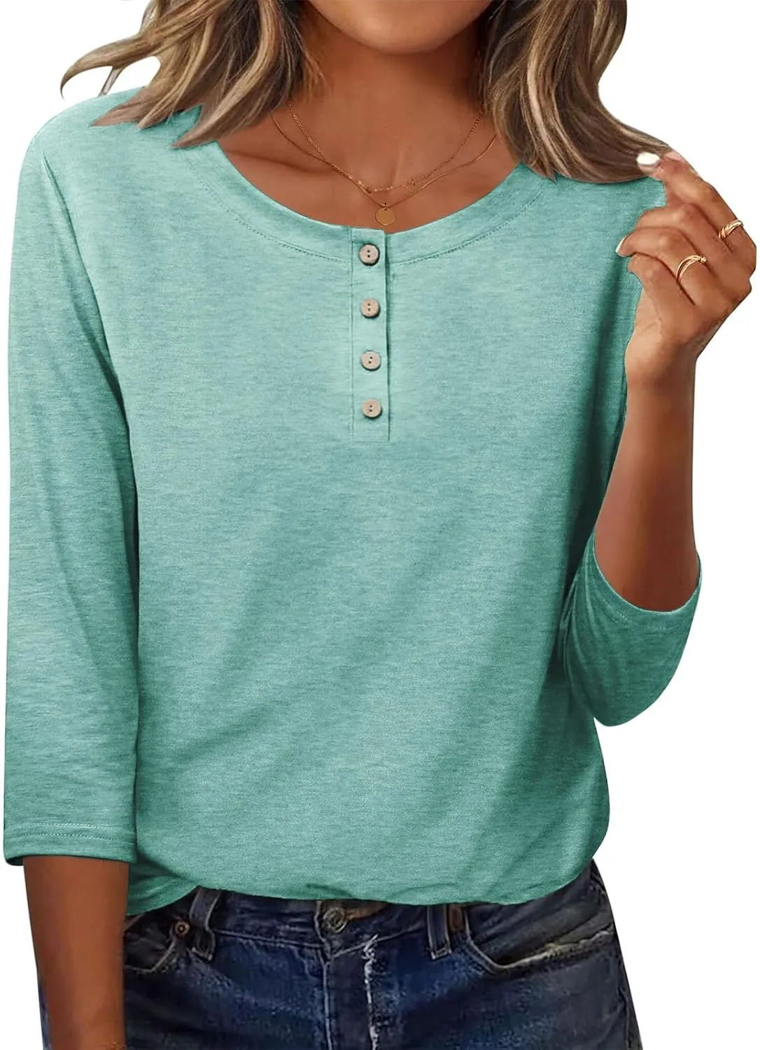 3/4 Sleeves Tops for Womens Solid Color Casual Loose Crewneck Button Tunic Top Comfy Outdoor Active Tee Shirts