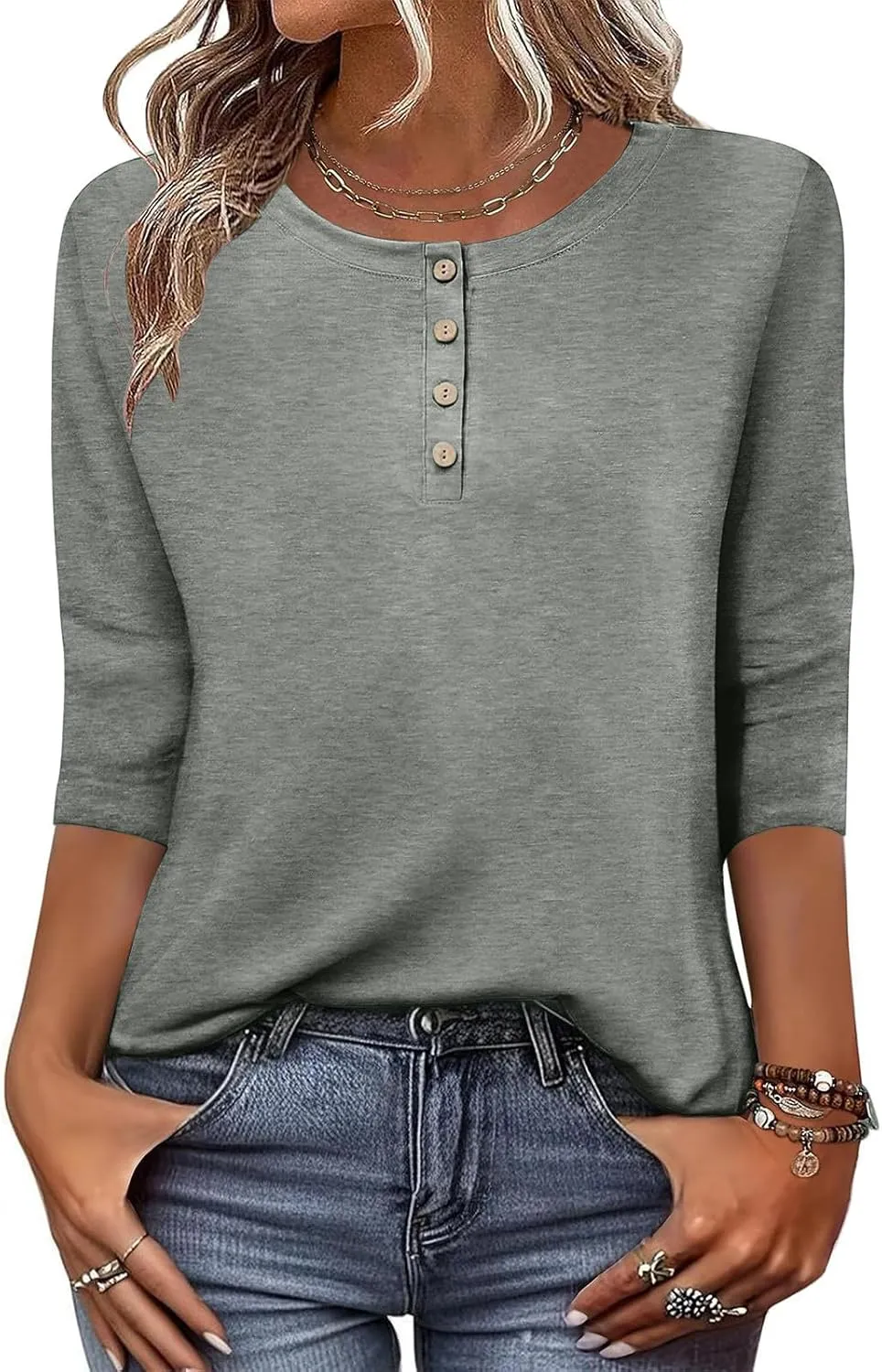 3/4 Sleeves Tops for Womens Solid Color Casual Loose Crewneck Button Tunic Top Comfy Outdoor Active Tee Shirts