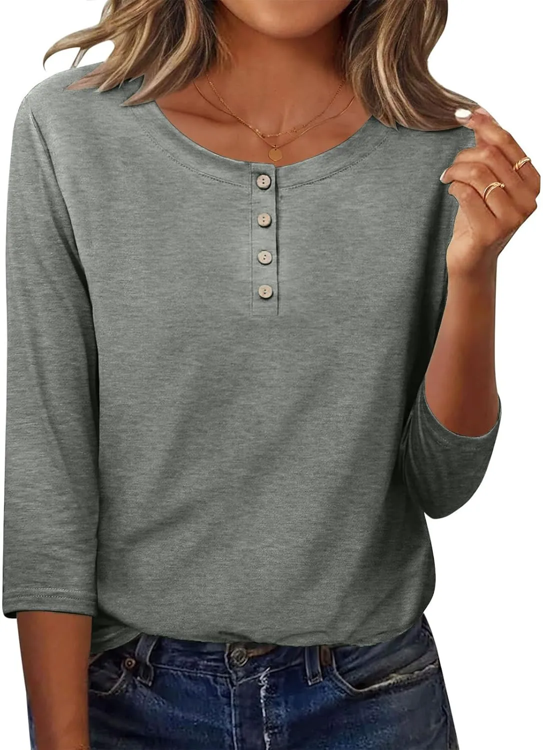 3/4 Sleeves Tops for Womens Solid Color Casual Loose Crewneck Button Tunic Top Comfy Outdoor Active Tee Shirts