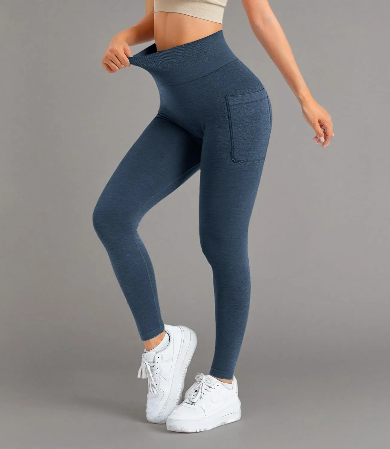 A AGROSTE Women Seamless Workout Leggings with Pockets Scrunch Butt Lifting Gym Leggings High Waisted Yoga Pants