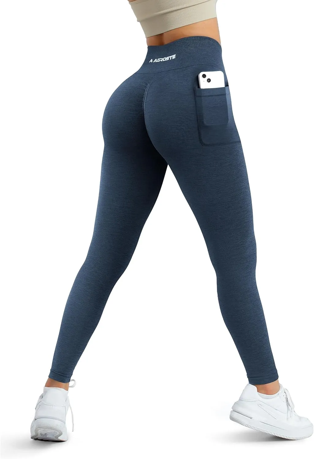 A AGROSTE Women Seamless Workout Leggings with Pockets Scrunch Butt Lifting Gym Leggings High Waisted Yoga Pants