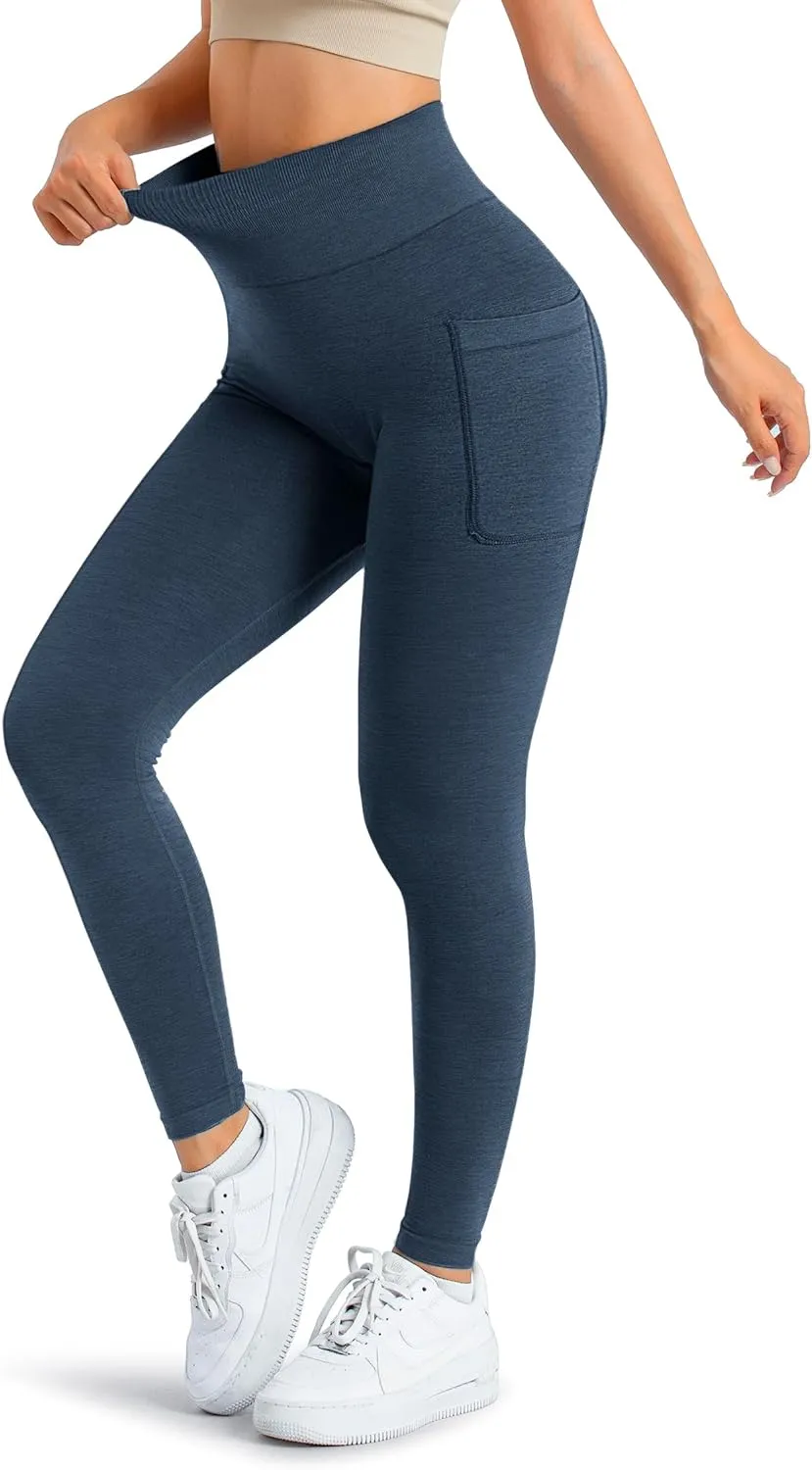 A AGROSTE Women Seamless Workout Leggings with Pockets Scrunch Butt Lifting Gym Leggings High Waisted Yoga Pants