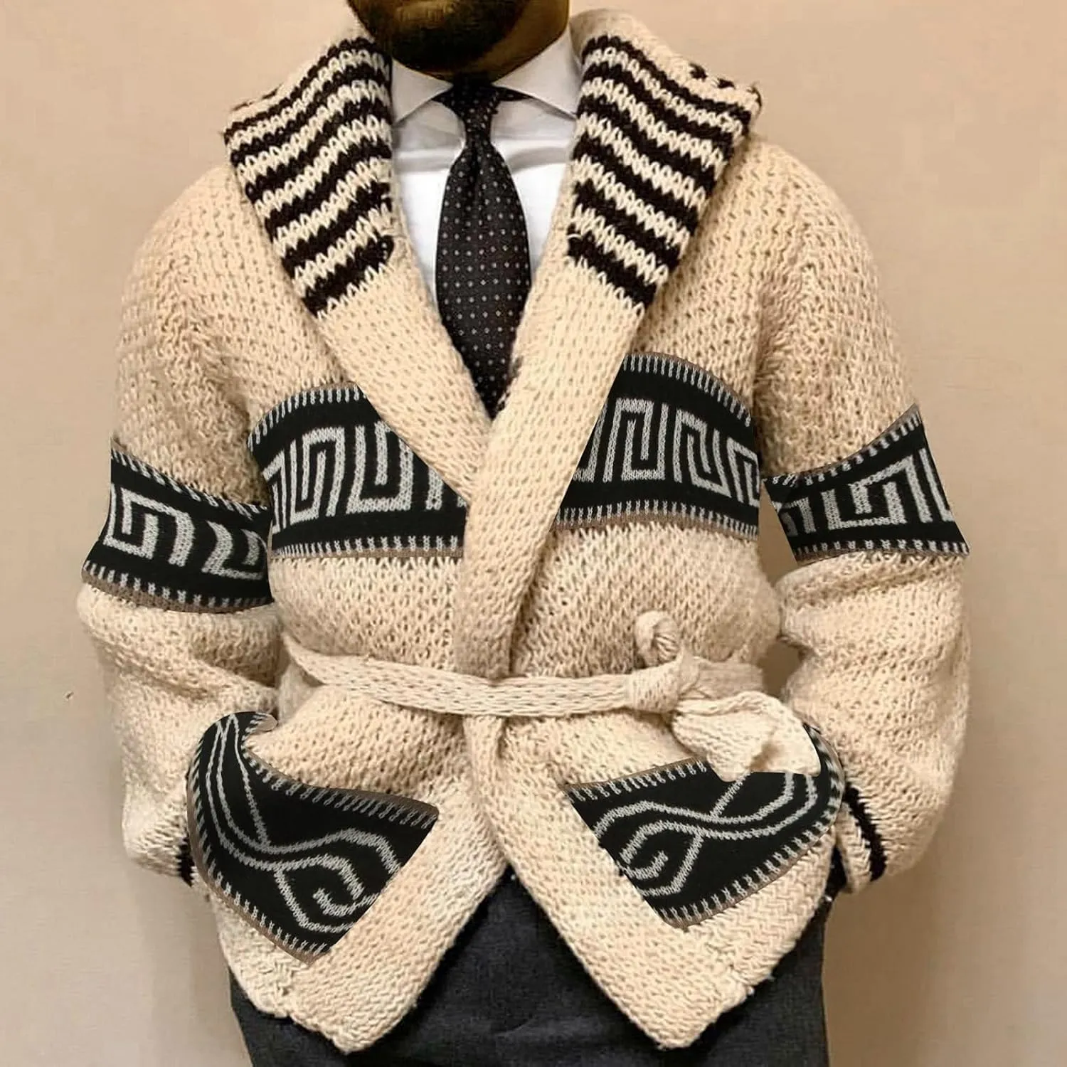 Akklian Mens Trendy Sweater Cardigan Shawl Collar Chunky Cardigan Casual Long Sleeve Open Front Crochet Knit Sweater Coat