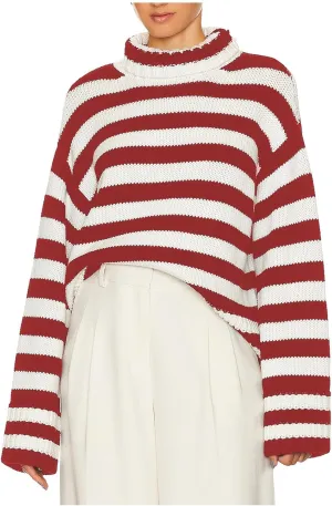 Akklian Women's Striped Turtleneck Slouchy Sweater 2024 Long Sleeve Oversized Knitted Soft Pullover Loose Preppy Jumper Tops