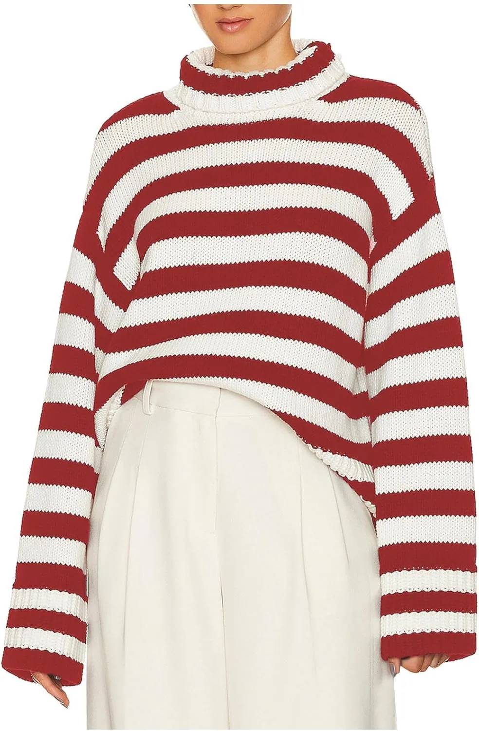 Akklian Women's Striped Turtleneck Slouchy Sweater 2024 Long Sleeve Oversized Knitted Soft Pullover Loose Preppy Jumper Tops