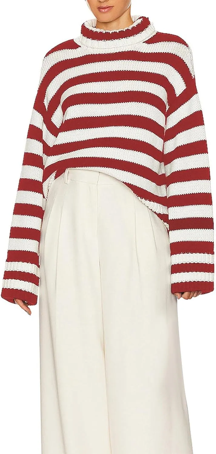 Akklian Women's Striped Turtleneck Slouchy Sweater 2024 Long Sleeve Oversized Knitted Soft Pullover Loose Preppy Jumper Tops