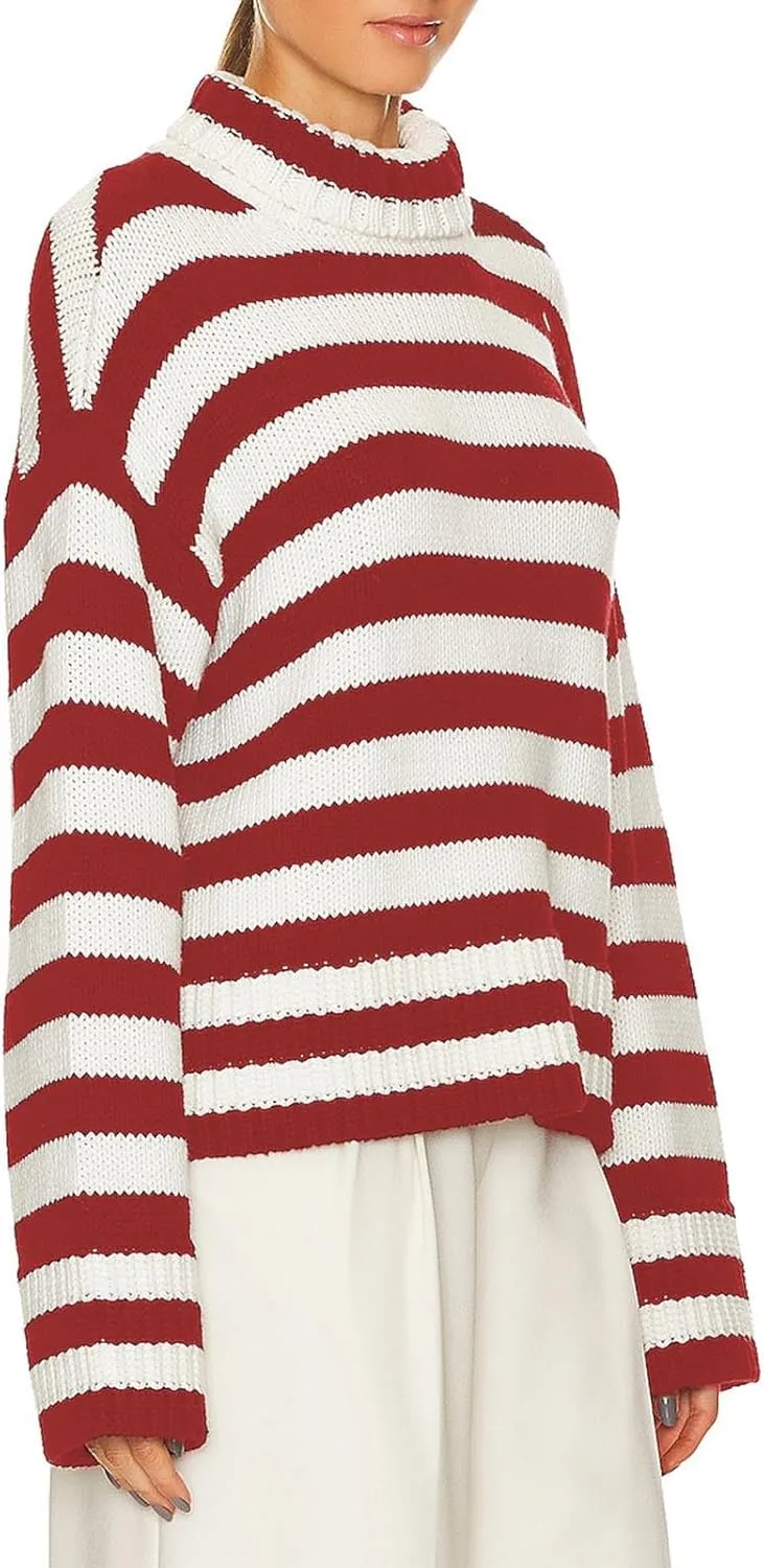 Akklian Women's Striped Turtleneck Slouchy Sweater 2024 Long Sleeve Oversized Knitted Soft Pullover Loose Preppy Jumper Tops