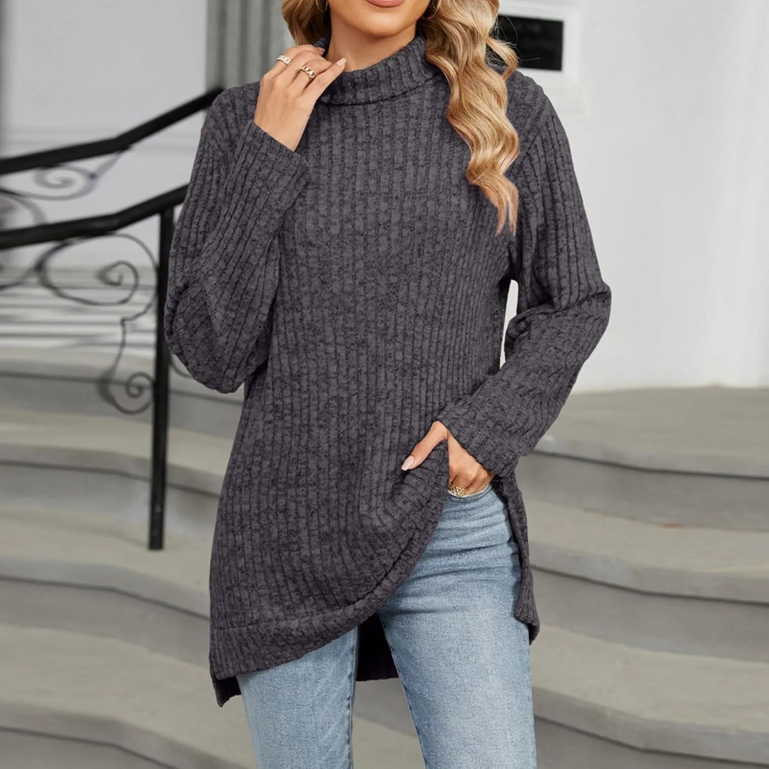 Akklian Women's Turtleneck Oversized Sweaters 2024 Fall Winter Long Sleeve Slit Hem Tunic Pullover Sweater Knit Tops Trendy