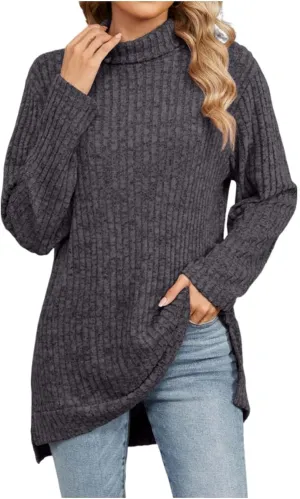 Akklian Women's Turtleneck Oversized Sweaters 2024 Fall Winter Long Sleeve Slit Hem Tunic Pullover Sweater Knit Tops Trendy