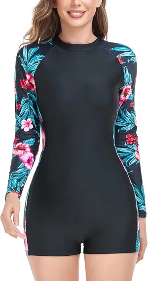 AUBIG Long Sleeve Shorty Wetsuit Women Sun Protection One Piece Swimsuit Printed Full Body Rash Guard Zip Up Surf Swimwear