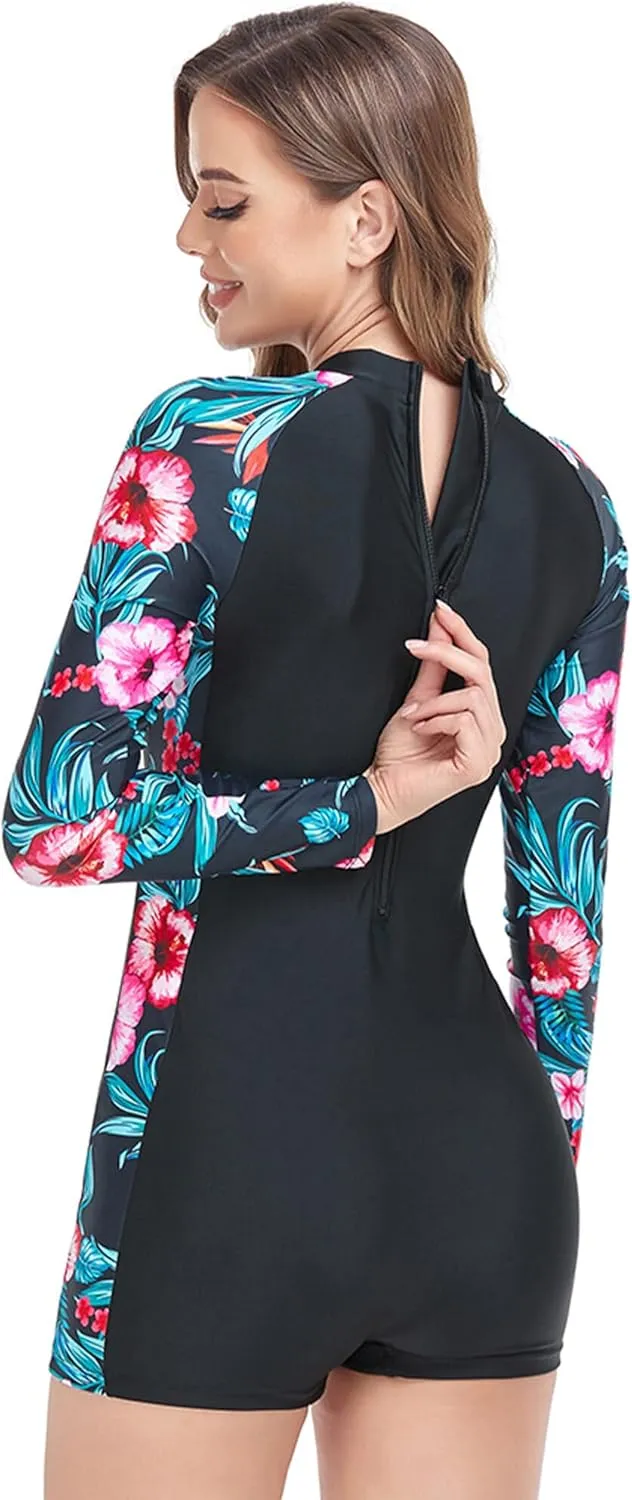 AUBIG Long Sleeve Shorty Wetsuit Women Sun Protection One Piece Swimsuit Printed Full Body Rash Guard Zip Up Surf Swimwear