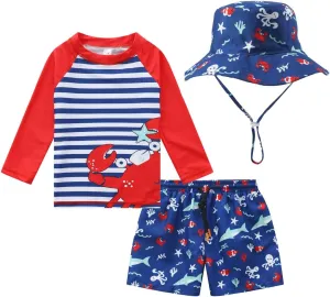Baby-Boys Toddler Long Sleeved Rashguard Swim Bathing Suit and Sun Hat Set