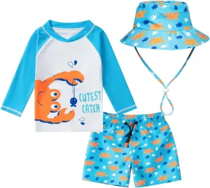Baby-Boys Toddler Long Sleeved Rashguard Swim Bathing Suit and Sun Hat Set