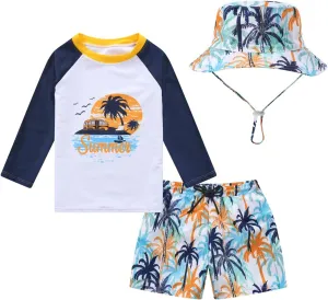 Baby-Boys Toddler Long Sleeved Rashguard Swim Bathing Suit and Sun Hat Set