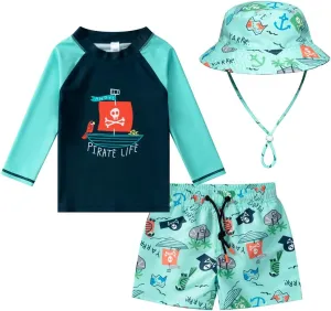 Baby-Boys Toddler Long Sleeved Rashguard Swim Bathing Suit and Sun Hat Set